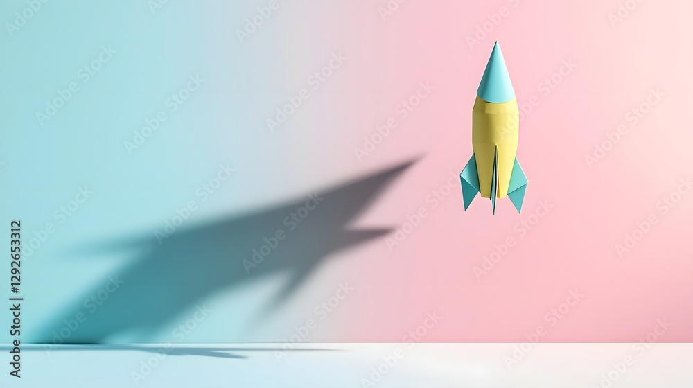 Poster A minimalist paper rocket hovering mid air with a soft pastel shadow cast on the background evoking a sense of imagination flight and futuristic technology