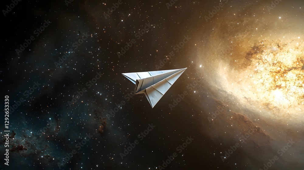 Poster a paper airplane folded to resemble a satellite gracefully floating through an abstract colorful gal