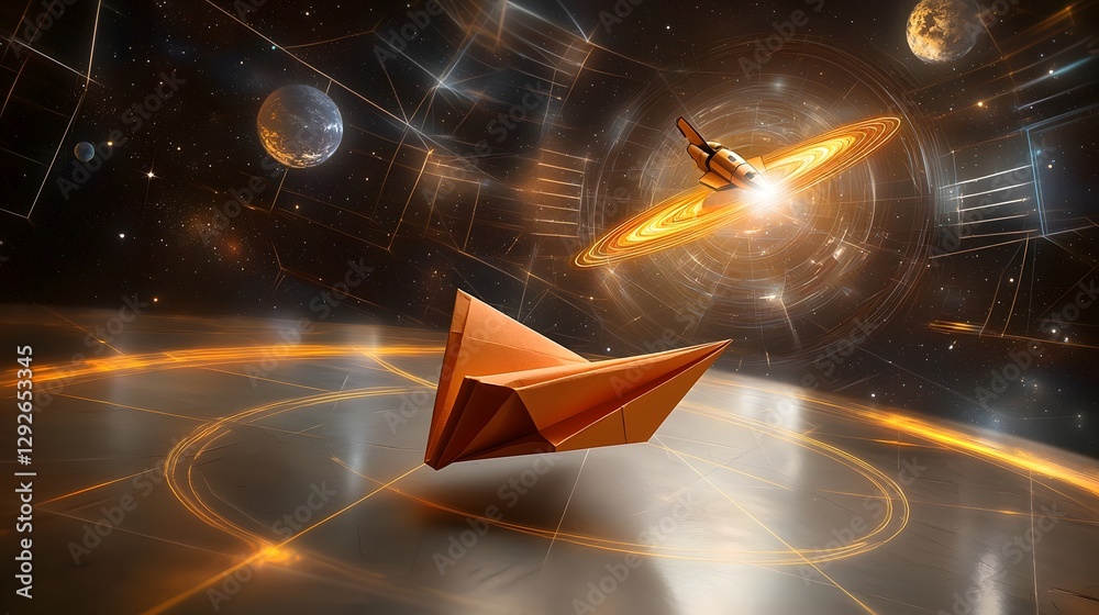 Poster a paper airplane shaped like a futuristic spacecraft gracefully gliding through a cosmic themed back