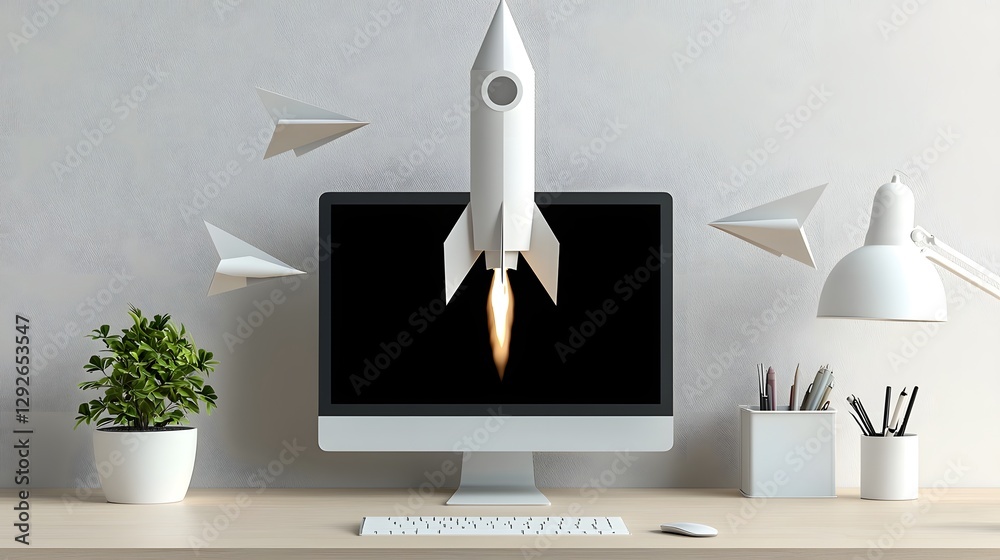 Fototapete A paper rocket with 3D elements like tiny fins and boosters floating above a minimalist work desk representing innovation creativity and the spirit of entrepreneurship in a modern office setting