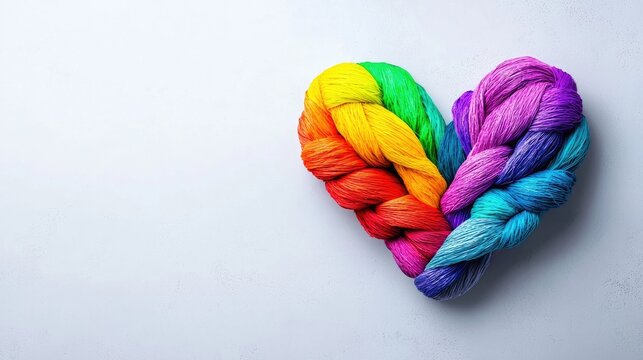 Rainbow yarn heart on white background; craft concept