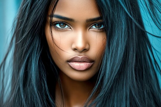 Gorgeous calm black girl - for ads, poster and online banner marketing use. Commercial commercial creative. Long haircut - straight hair. Black advertising shoot. Stunning black woman.