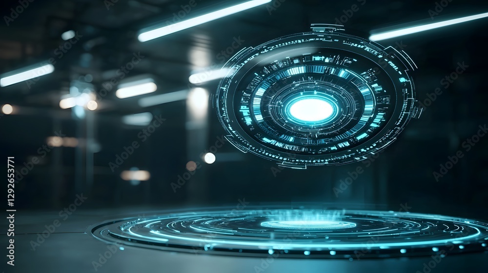 Poster A photo of a futuristic alien communication device emitting a mesmerizing display of holographic symbols and unknown languages