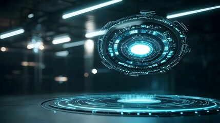 A photo of a futuristic alien communication device emitting a mesmerizing display of holographic symbols and unknown languages