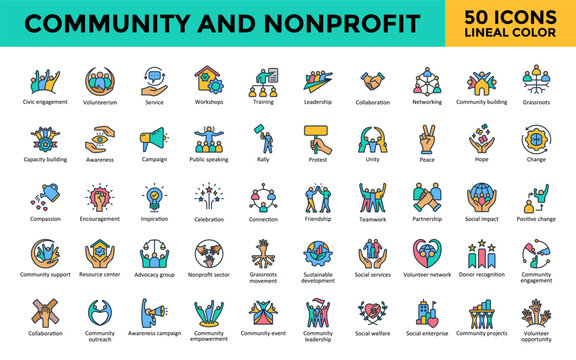 Community and Nonprofit icons set with civic engagement, volunteerism, service, workshops, training, leadership, collaboration, networking, community building icon. Simple lineal color vector 
