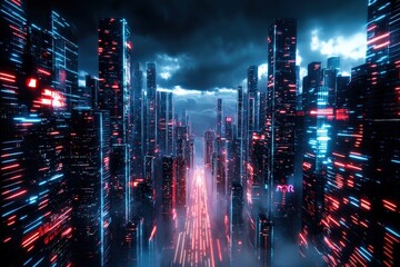 Fototapeta premium Futuristic AI-managed floating sky city, glowing neon pathways connecting digital skyscrapers in the clouds