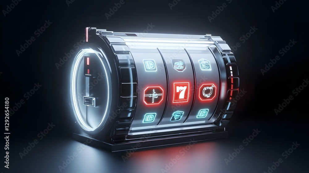 Poster a photo of a futuristic holographic slot machine concept glowing with vibrant virtual symbols and a 