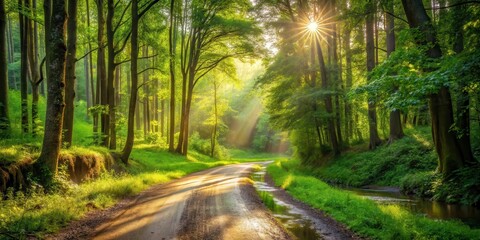 Obraz premium dirt road winding through lush forest scenery with tall trees and greenery, a small stream running alongside the road, sunlight filtering through leaves, wilderness, stream
