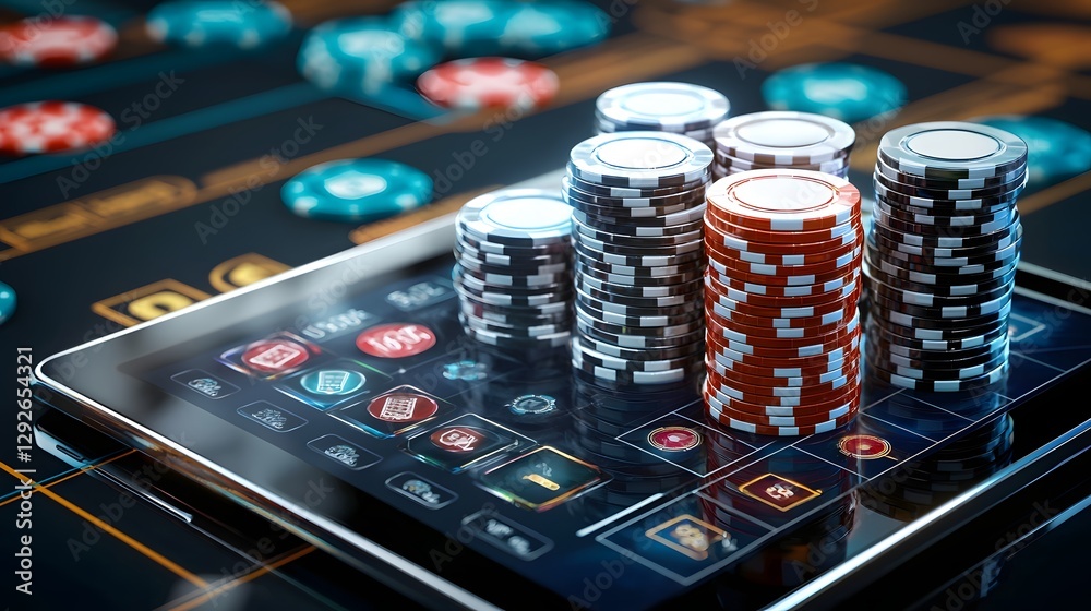 Poster A photo of a high tech digital betting interface displayed on a sleek modern tablet screen  The interface features various gambling related elements such as stacks of casino chips betting buttons