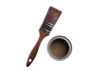 PNG, Paint, can of brown paint with a brush, isolated on a white background