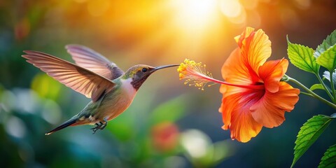 Naklejka premium Iridescent wings fluttering around a bright orange hibiscus flower as a hummingbird sips nectar, its feathers glistening in sunlight , Hummingbirds, nature