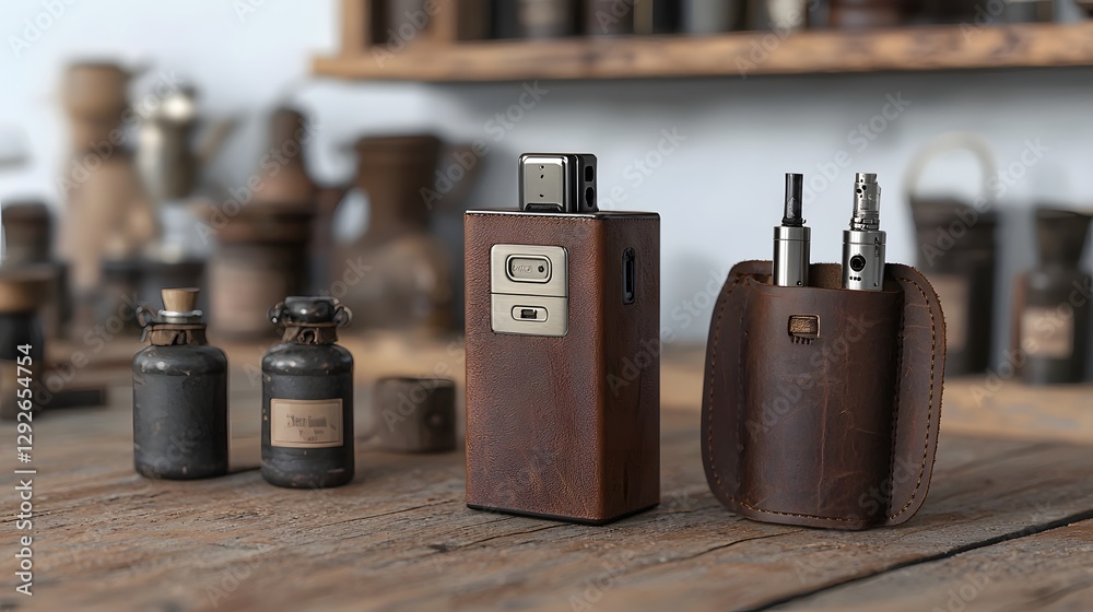 Poster a photo of a vintage inspired still life setup featuring a classic box mod electronic vaping device 