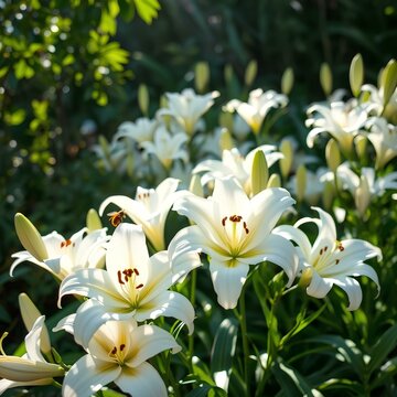 Los lirios blancos florecen por el jard&iacute;n

