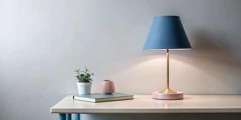 A stylish lamp with a soft pink shade and a modern blue base sits on a minimalist desk in a cozy reading nook , modern lighting, home decor