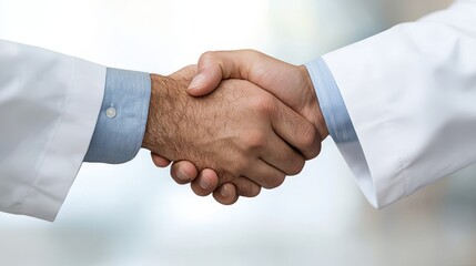Professional Handshake Between Two Individuals in Medical Lab Coats Representing Collaboration and Trust