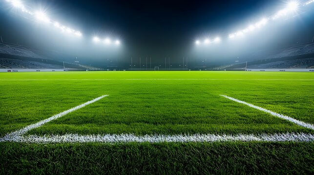 A photograph showcasing a sports field with freshly mowed green grass and white boundary lines under the bright illumination of stadium floodlights and spotlights in a night setting