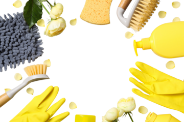 Spring cleaning, cleaning equipment and flowers, top view, isolated on white background, PNG