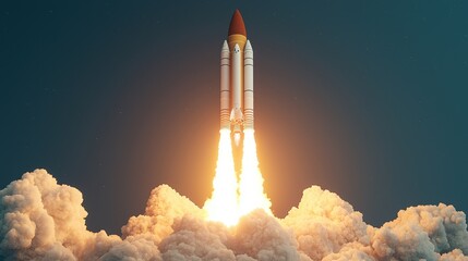 Rocket Launch with Bright Flames and Clouds Against a Dark Sky in a Stunning Scenic View