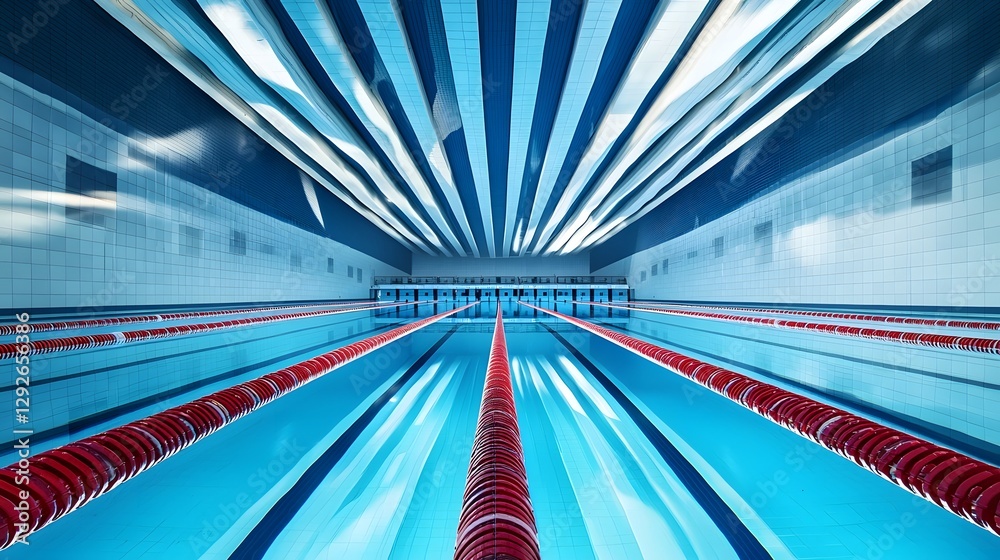 Poster a serene and modern olympic swimming stadium with crystal clear water striking lane markings and mes