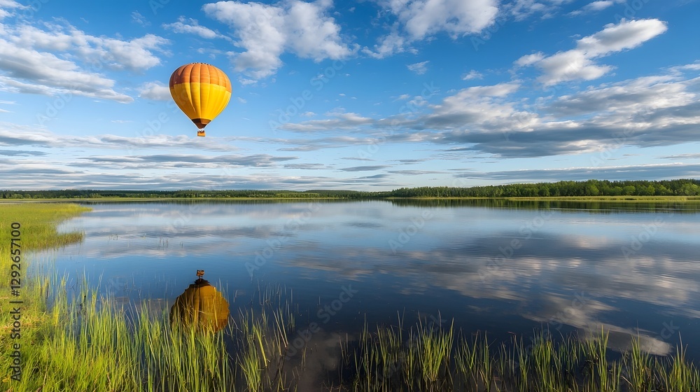 Aufkleber a solitary hot air balloon gracefully hovering above the serene mirror like surface of a tranquil la