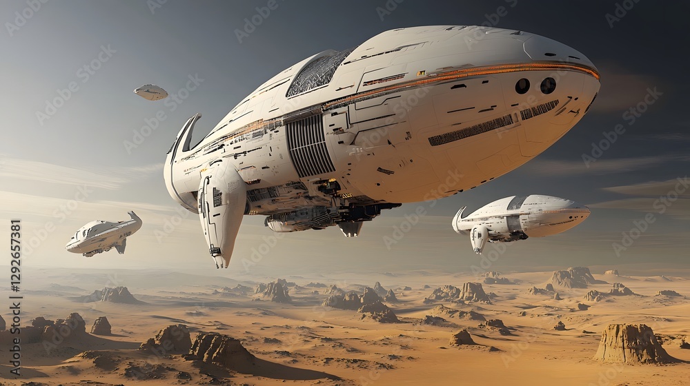 Poster A striking and imaginative showcasing a fleet of advanced alien spacecraft with sleek organic designs hovering over an unknown mysterious planet in a captivating futuristic sci fi environment