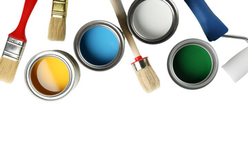 PNG, Paint, cans of paint and painting tools, top view, with space for text, isolated on white background © Atlas