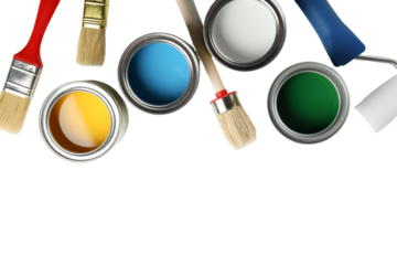 PNG, Paint, cans of paint and painting tools, top view, with space for text, isolated on white background