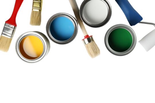 PNG, Paint, cans of paint and painting tools, top view, with space for text, isolated on white background