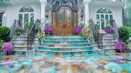 Grand home entrance, stone stairs, flowers, landscaping