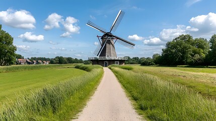 A tranquil and picturesque scene of a traditional countryside windmill surrounded by a lush field of grass under a serene blue sky with fluffy white clouds
