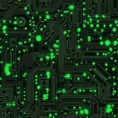 Circuit featuring green lights illuminating pathways and components for enhanced electronic functionality