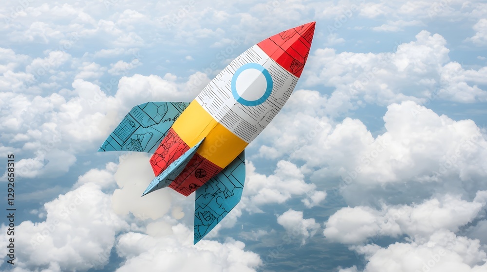 Poster a vibrant and imaginative paper rocket folded from the pages of a comic book soaring majestically ab