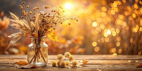Fototapeta premium Cozy autumn home decor with dried flowers in a vase on wooden table amidst warm golden lighting and soft fall foliage background , dried flowers, golden lighting