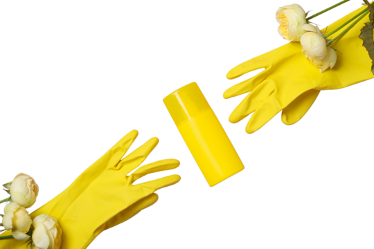 Spring cleaning, flowers, bottle with detergent and rubber gloves, isolated on white background, PNG