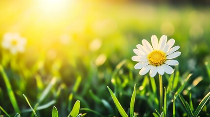 Closeup of a White Daisy in a Sunny Green Field