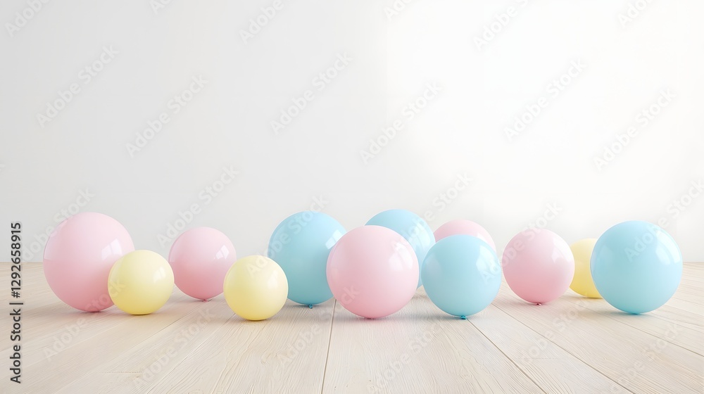 Aufkleber A visually appealing arrangement of soft pastel colored latex balloons creatively positioned on a simple wooden floor creating a serene and inviting atmosphere perfect for festive showcases
