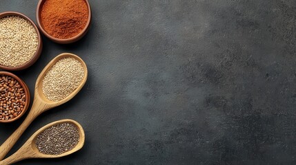 Assortment of Natural Spices and Seeds in Wooden Bowls on Dark Background for Culinary Inspiration