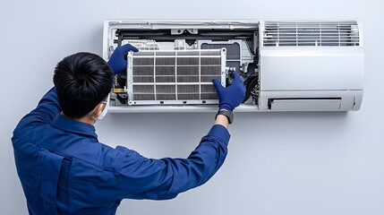 Close up image of a professional HVAC technician in blue uniform carefully removing a dirty dusty air filter from an air conditioning unit
