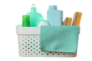 Spring cleaning, household chemicals and cleaning sponge in a plastic basket, isolated on white background, PNG