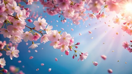 Soft pink cherry blossom petals float gently downwards from a clear blue sky against a warm sunlit background, cherry blossoms, sunlight