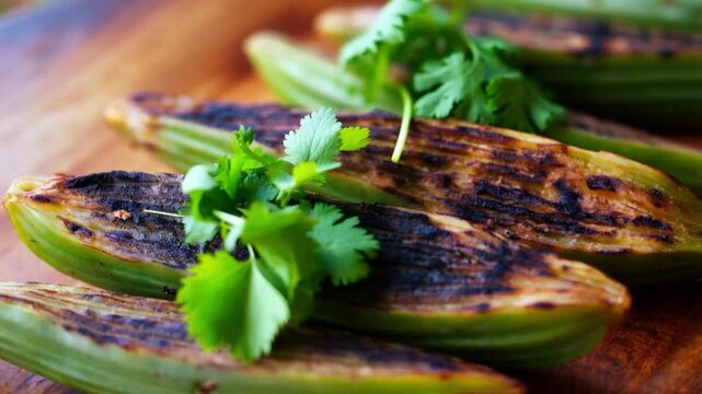 Close-up of fresh nopal cactus slices, lightly charred and garnished with fresh herbs, earthy and appetizing mood
