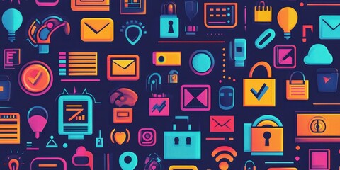 A flat vector illustration of cybersecurity icons in vibrant colors