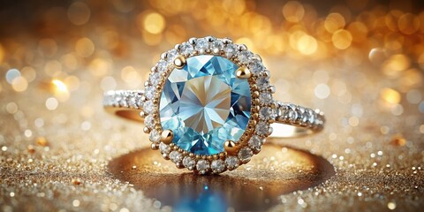 Fototapeta premium Elegant ring featuring a large topaz stone set amidst a halo of sparkling diamonds, fine jewelry pieces, topaz diamond ring