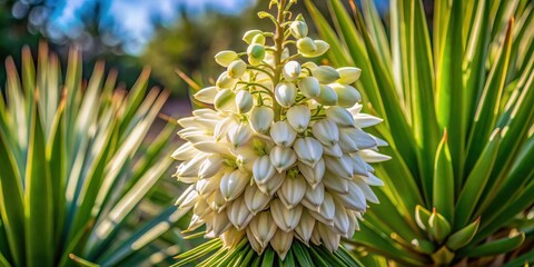 Fototapeta premium A detailed shot of a single Mojave Yucca flower in full bloom, highlighting its striking white petals and intricate details against the lush green foliage , desert flower, flowering plant