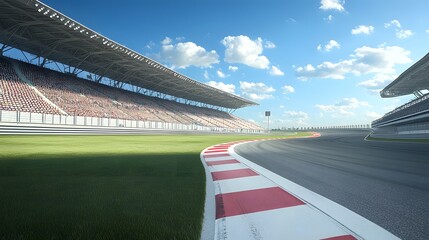 Aerial view of a modern race track stadium with a sweeping curve and grandstands filled with spectators under a bright blue sky with fluffy clouds