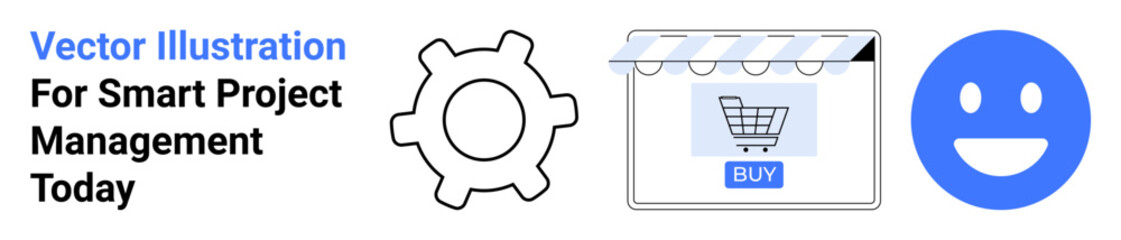 Gear symbolizing processes, storefront representing e-commerce, happy face denoting user satisfaction. Ideal for business, e-commerce, management, innovation, productivity, user experience flat