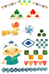 透明水彩で描いた子供の日のイラストセット