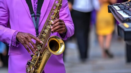 Obraz premium Jazz Musician in Vibrant Purple Attire Playing Saxophone at Outdoor Performance