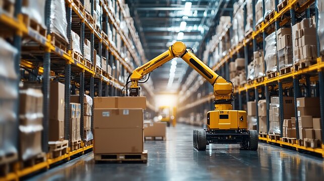 Automated warehouse robot picking boxes in a large distribution center