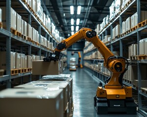 Automated Warehouse Robot Picking Boxes in Storage Facility